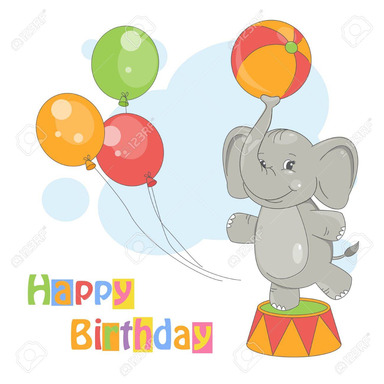 白い背景の上のボールとキュートな象の幸せな誕生日カラフルなイラスト のイラスト素材 ベクタ Image