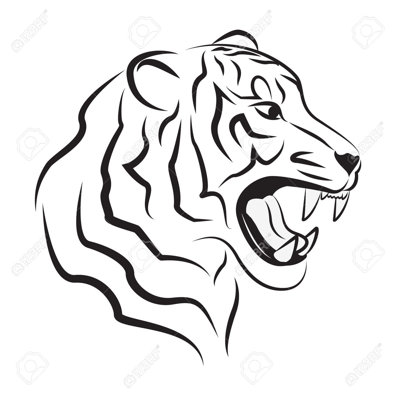 怒っている虎のイラスト 部族の芸術 黒のタトゥー タイガー ヘッドのシルエット 黒と白虎はベクトル イラストです 分離されました テンプレートとステンシルのインテリア デザイン のイラスト素材 ベクタ Image