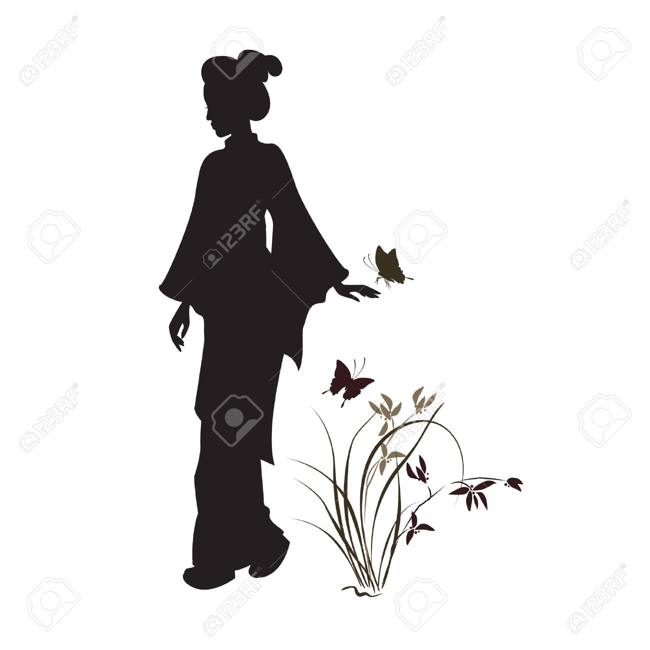 Silhouette Einer Geisha Und Orchidee Schönes Japanisches Mädchen Silhouette einer Geisha und Orchidee Schönes japanisches Mädchen Hand gezeichnet Illustration Isoliert Standard