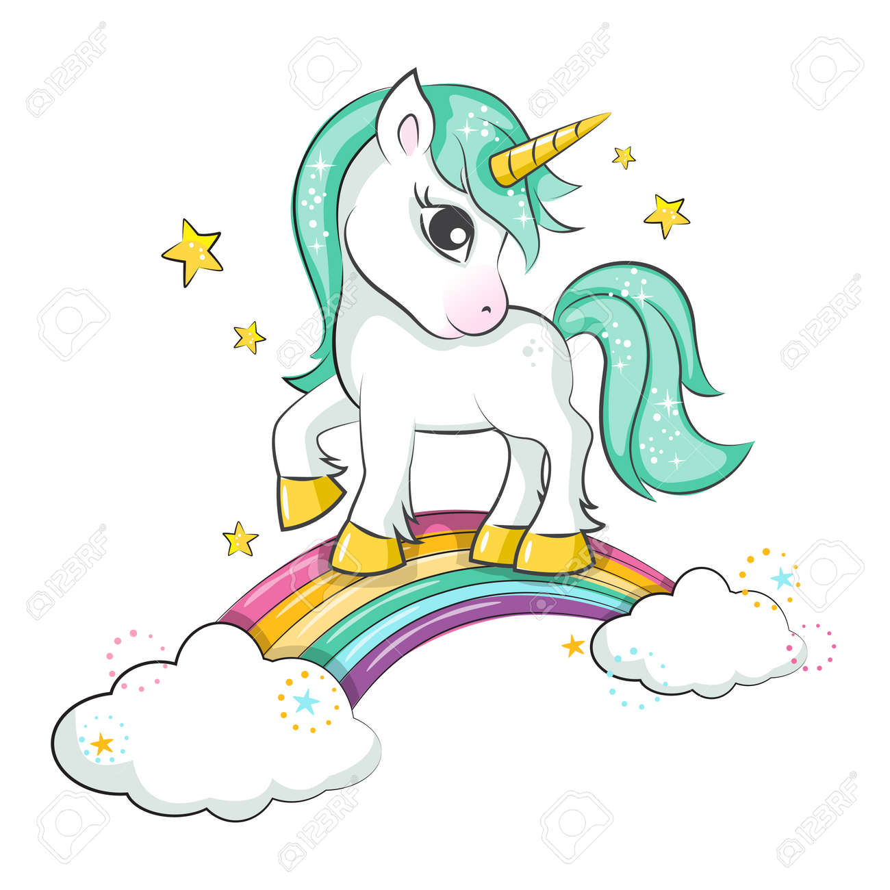 Nettes Magisches Einhorn Und Regenbogen Vektor Vector Design Isoliert Auf Weissem Hintergrund Druck Fur T Shirt Oder Jolly Doodle Handzeichnung Illustration Fur Kinder Lizenzfrei Nutzbare Vektorgrafiken Clip Arts Illustrationen Image
