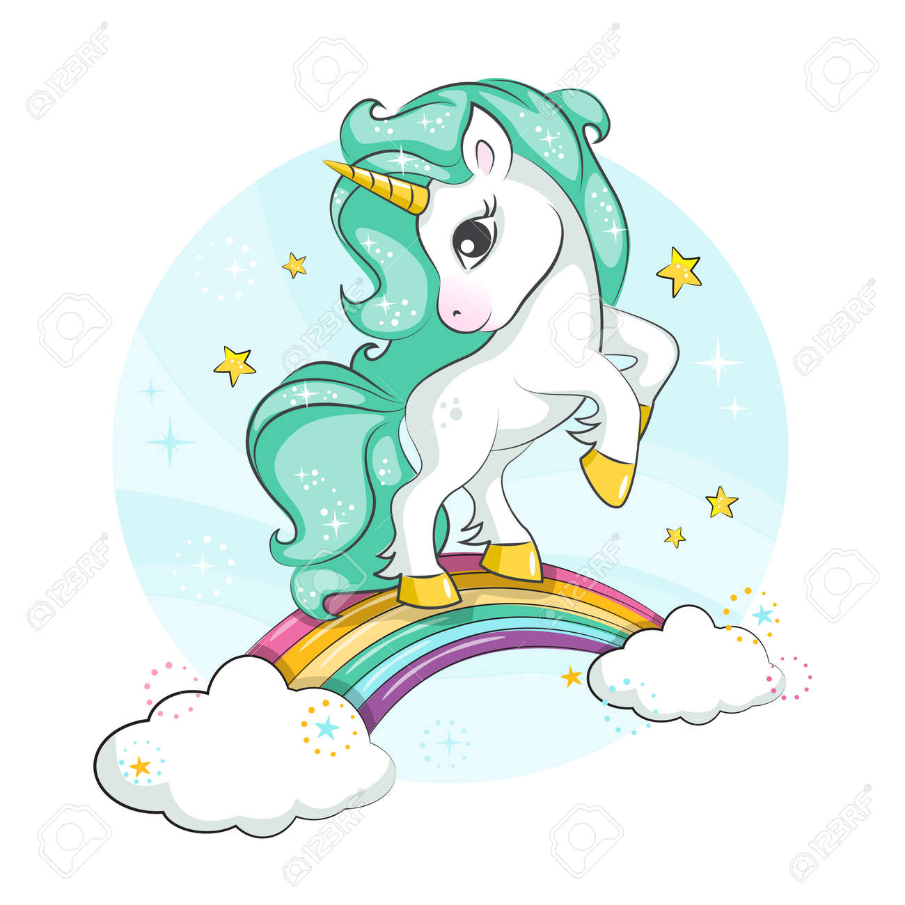 Cute magical unicorn. Little pony. Cute magical unicorn and rainbow. Vector design isolated on white background. Print for t-shirt or sticker. Romantic hand drawing illustration for children. - 97411810 Cute magical unicorn. Little pony. Cute magical unicorn and rainbow. Vector design isolated on white background. Print for t-shirt or sticker. Romantic hand drawing illustration for children. - 97411810
