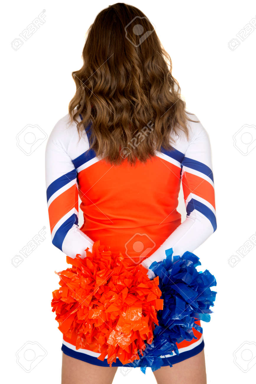 Back Of Teen Cheerleader Blue Orange Pom Poms Stock Photo Picture And Royalty Free Image Image