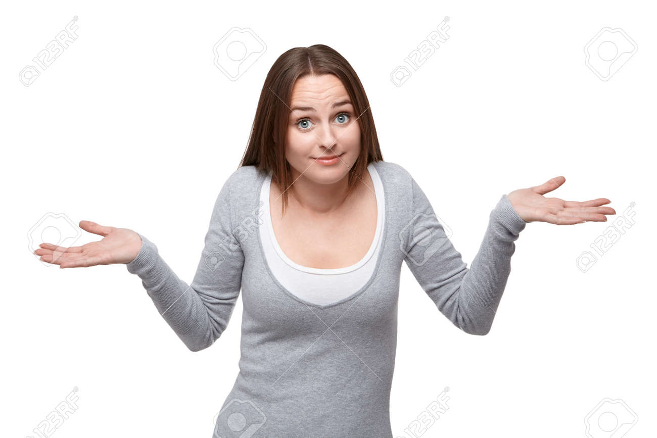 Vrouw Haalt Haar Schouders Met Haar Eyebrowns Verhoogd Geisoleerd Op Een Witte Achtergrond Royalty Vrije Foto Plaatjes Beelden En Stock Fotografie Image 24238516