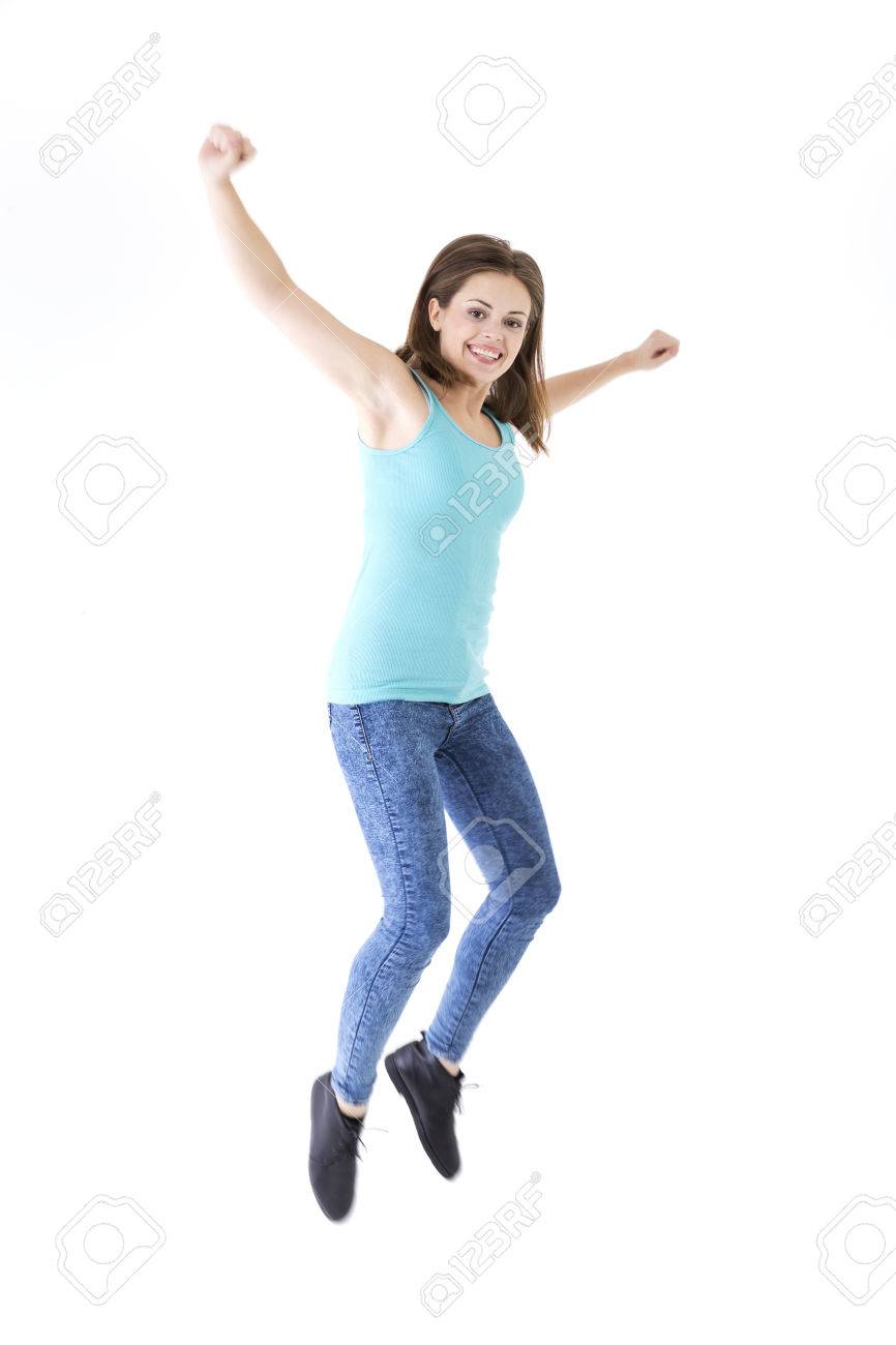excited happy woman jumping for joy caucasian ethnicity isolated
