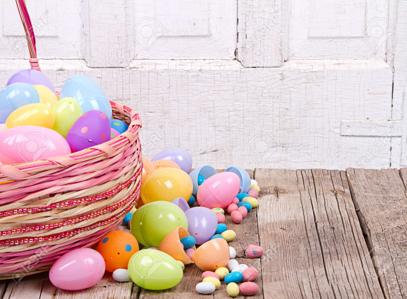 Plastic Easter Eggs With Candy In A Easter Basket On A Wooden Stock Photo Picture And Royalty Free Image Image 18170434
