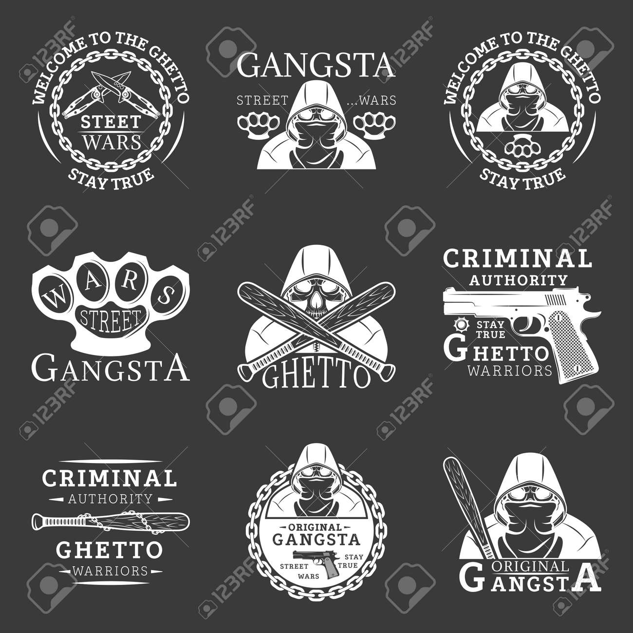 gangster ghetto street wars emblems in monochrome style for