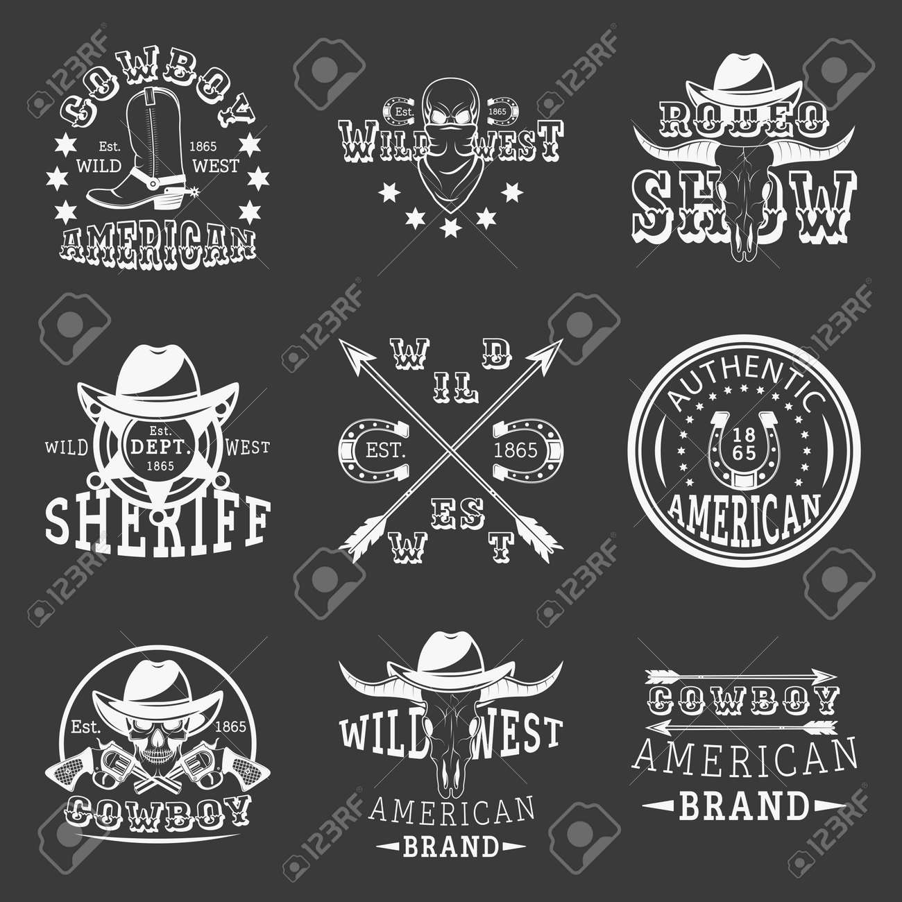 野生の西 ロデオを見る 保安官 ベクトル ヴィンテージ エンブレム ラベル バッジおよび白い背景の白黒のスタイルでロゴのカウボーイ セットのイラスト素材 ベクタ Image