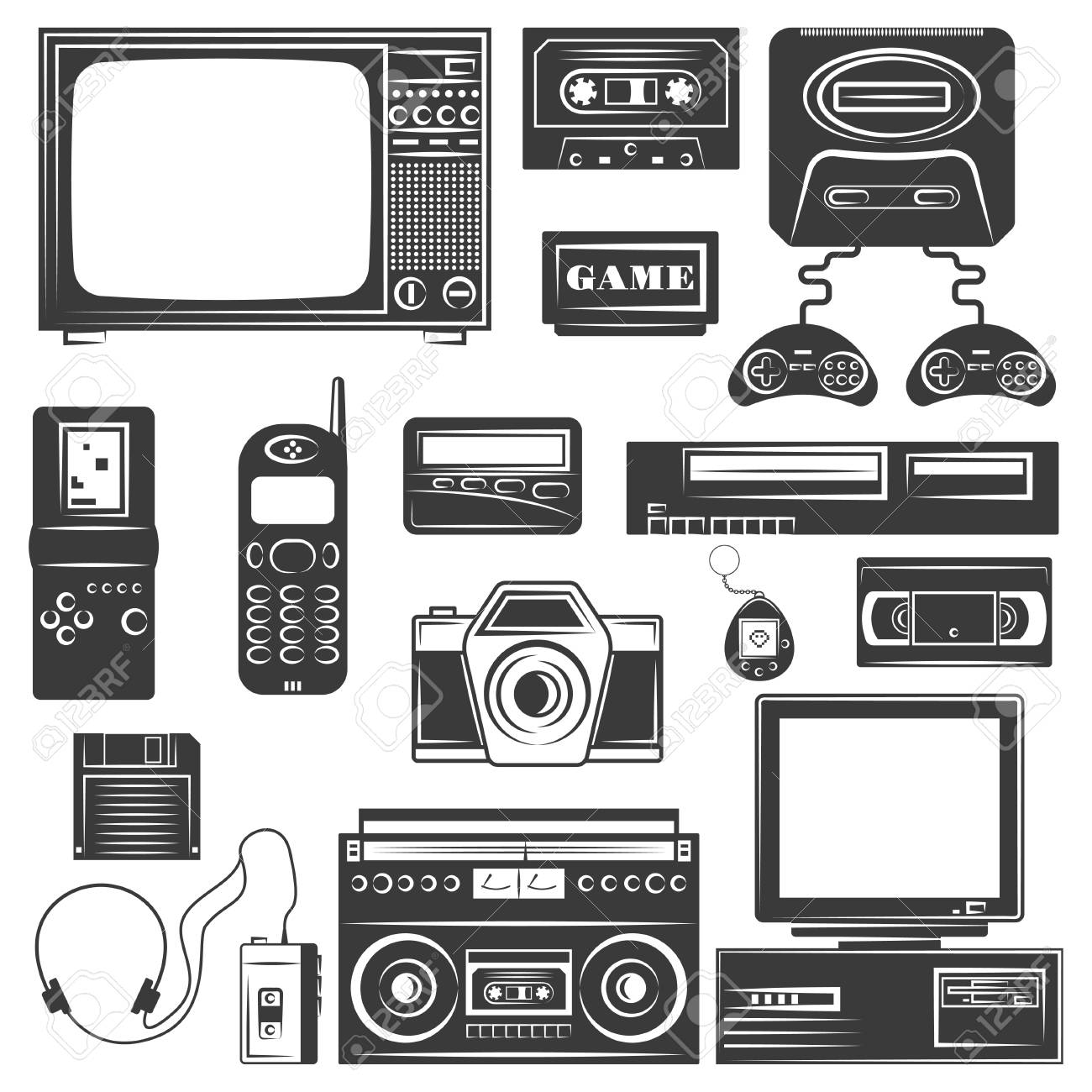 90 年代のガジェットのセット モノクロ アイコン 白い背景で隔離のデザイン要素 のイラスト素材 ベクタ Image