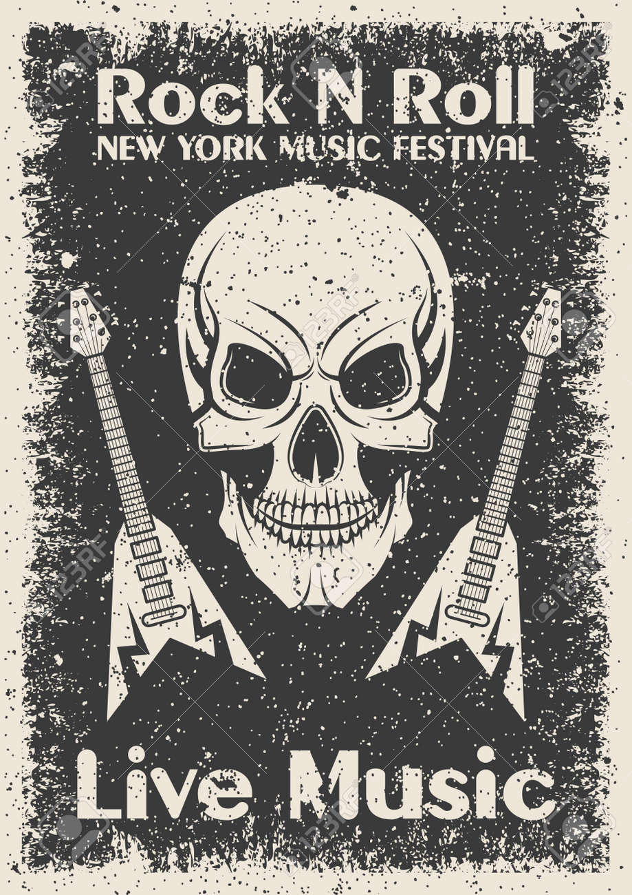 vintage rock n roll poster skull and guitar typographic for