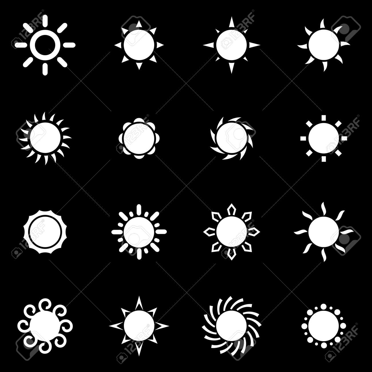 ベクトル白い太陽のアイコンが黒の背景に設定のイラスト素材 ベクタ Image