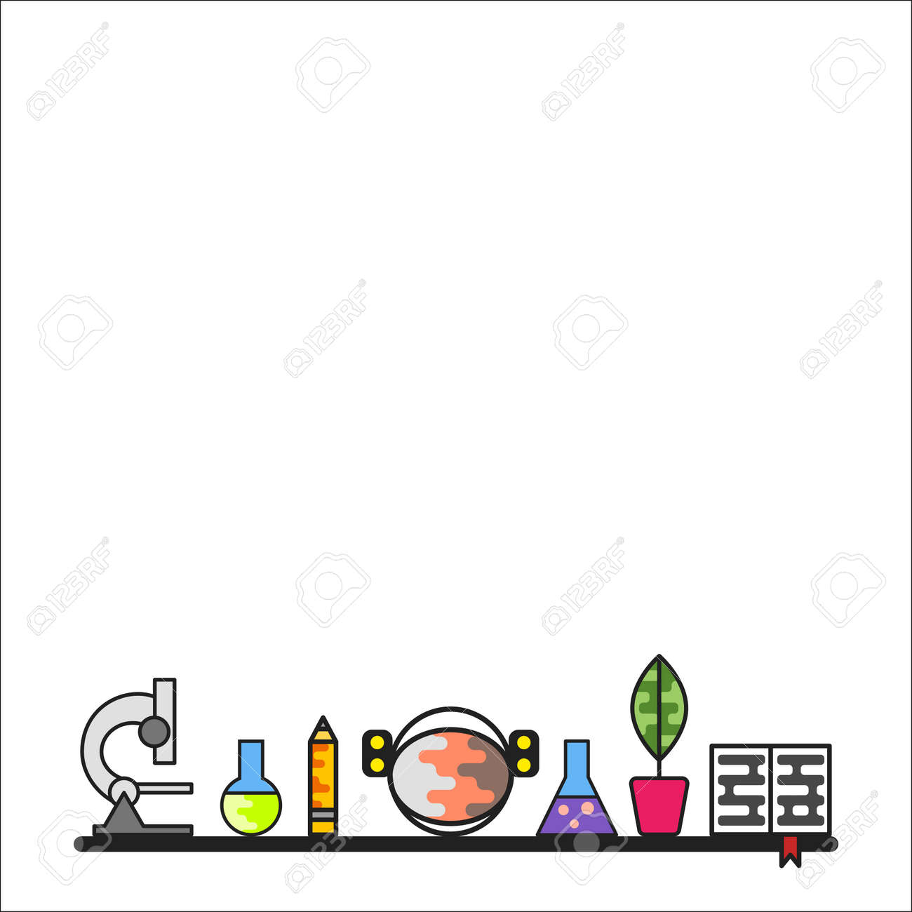 ベクトル イラストや科学の概念を探索し 発見します 男の子と女の子のシルエットと科学アイコンのセットです フラット スタイル のイラスト素材 ベクタ Image