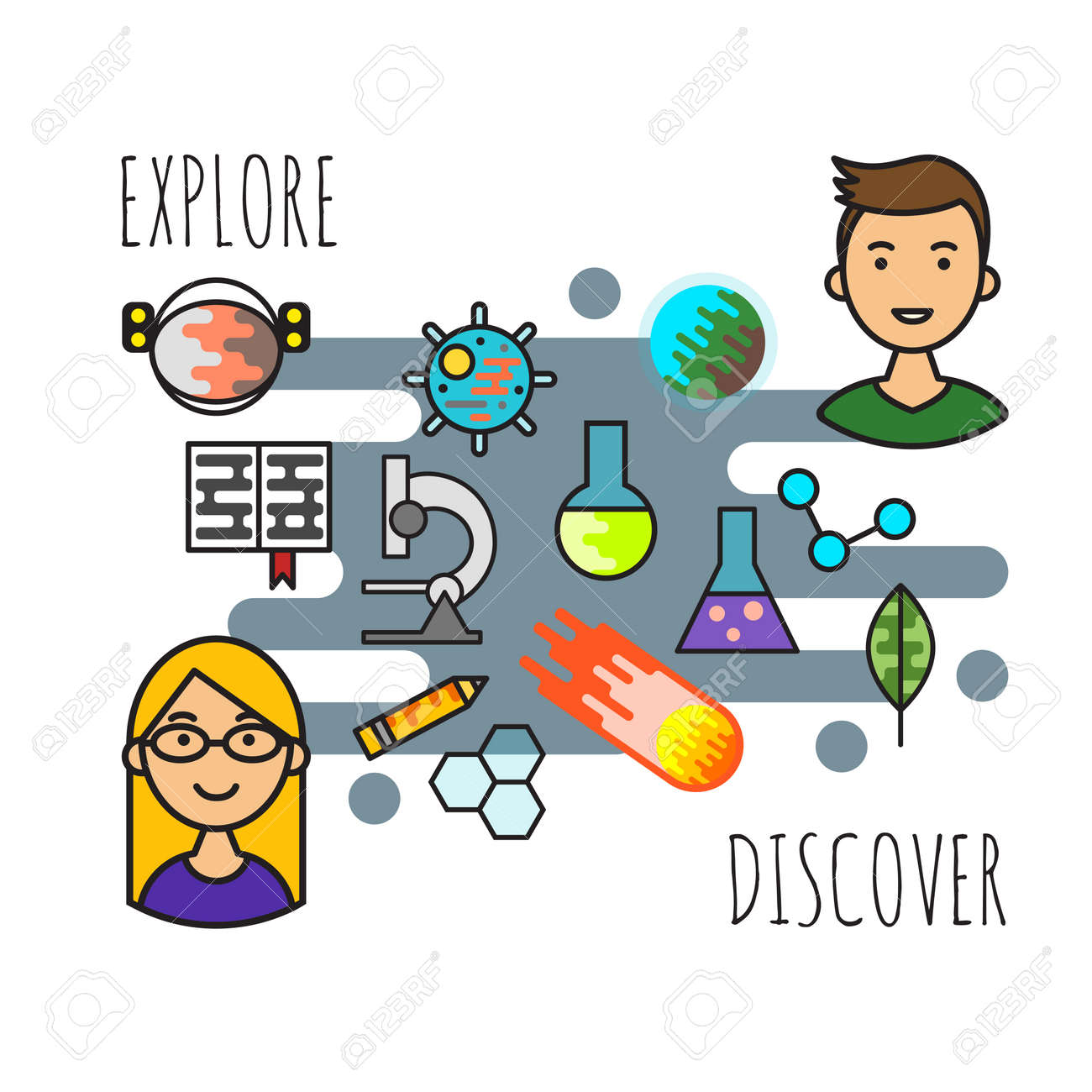 ベクトル イラストや科学の概念を探索し 発見します 少年と少女の肖像画を持つ科学アイコンのセットです フラット スタイル のイラスト素材 ベクタ Image