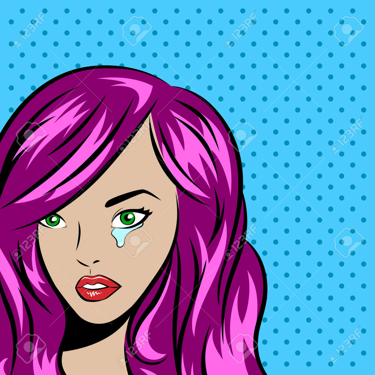 pop art vector illustration of young woman with tear on the dotted tear art