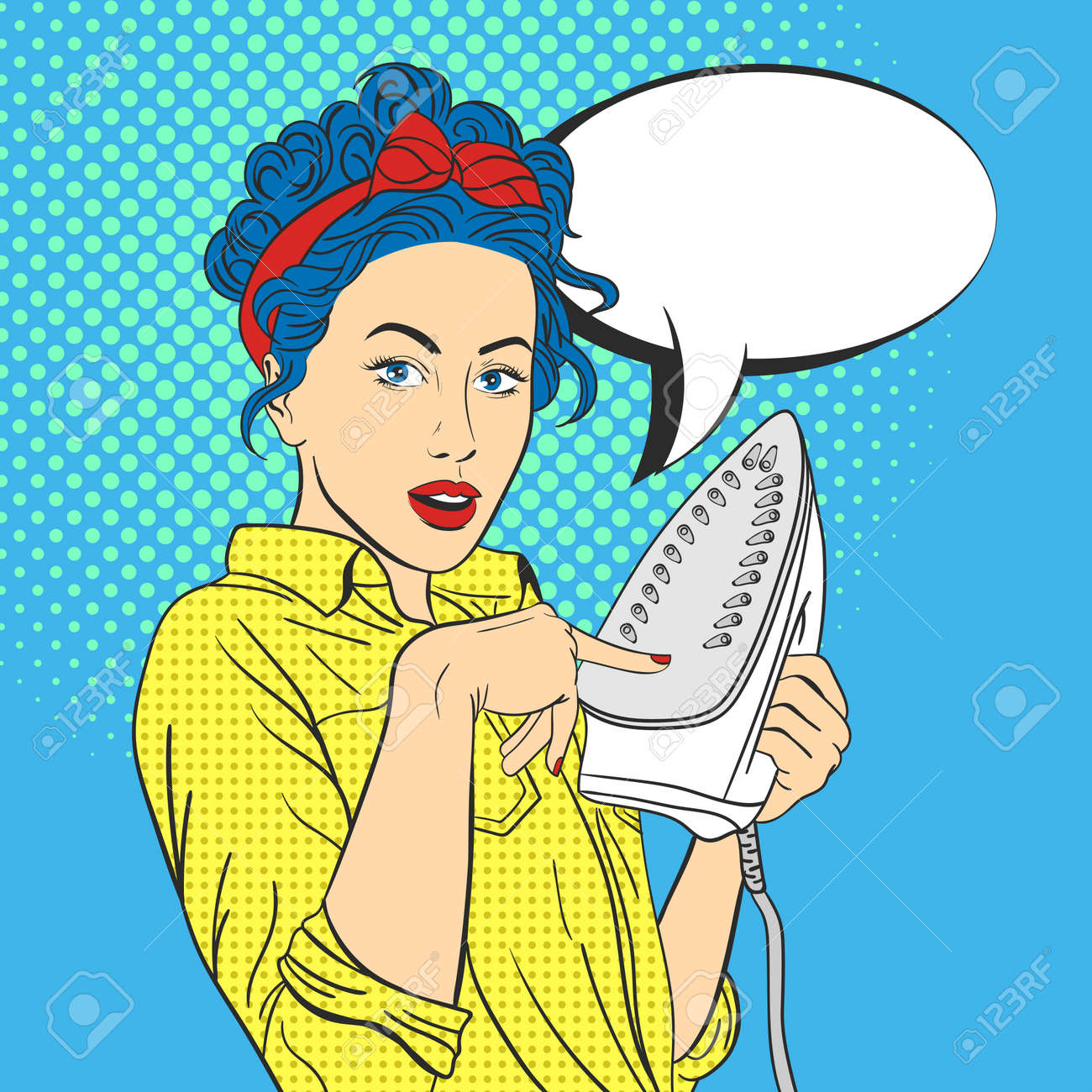 ベクトル イラスト Pop アートの鉄を持つ美しい女驚いた レトロなスタイル 女性は 彼女の指に熱い鉄を触れます 空 のイラスト素材 ベクタ Image