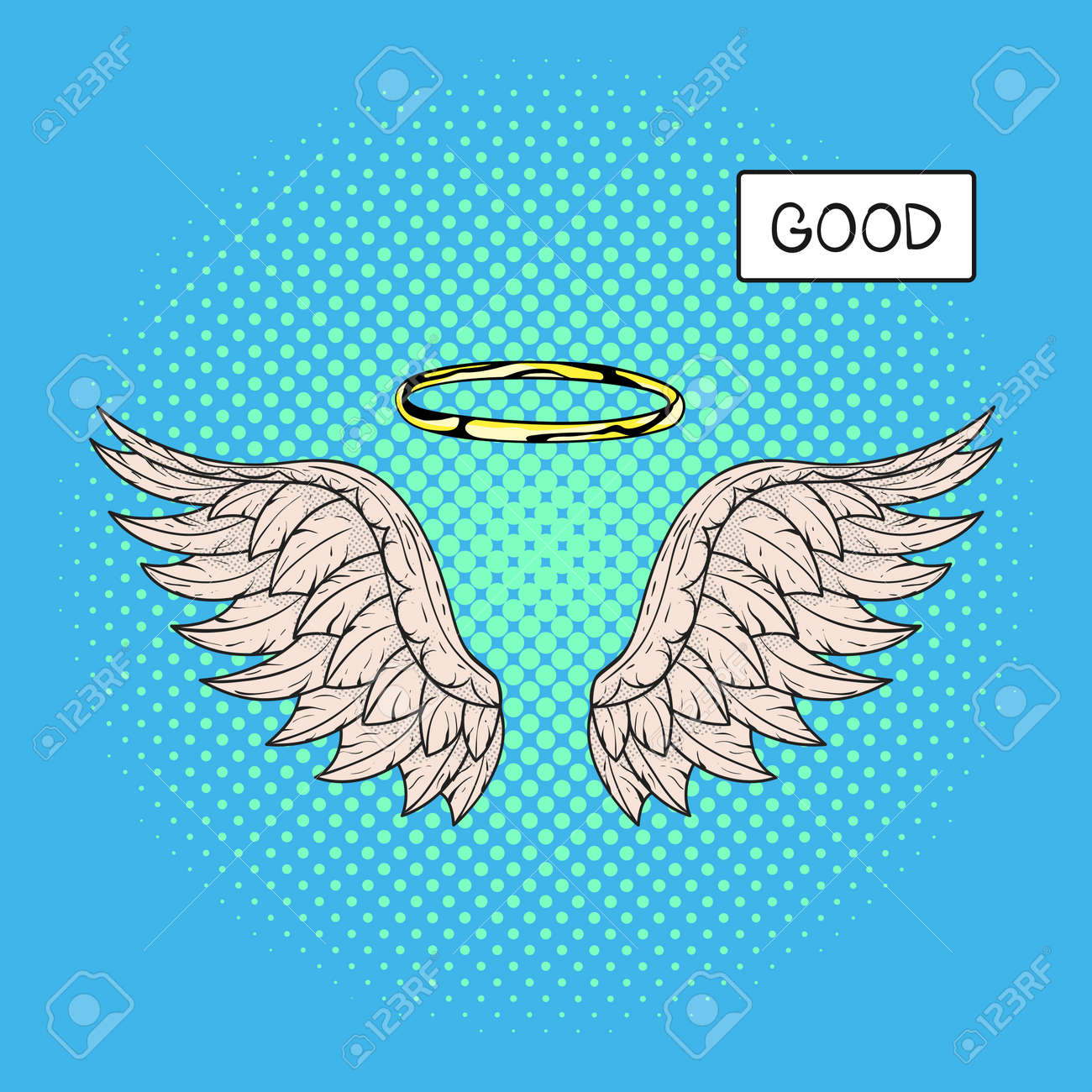 ベクトル手は 上部に天使の羽とニンバスまたはハロのポップアート イラストを描かれました レトロなスタイル 手描きのサイン 印刷 Web のイラスト の イラスト素材 ベクタ Image