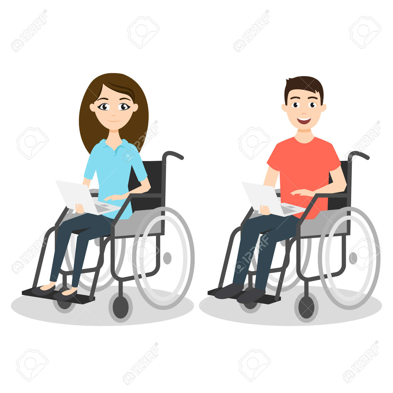 Vector illustration of two young man and woman in wheelchair holding laptops. - 55709493 Vector illustration of two young man and woman in wheelchair holding laptops. - 55709493