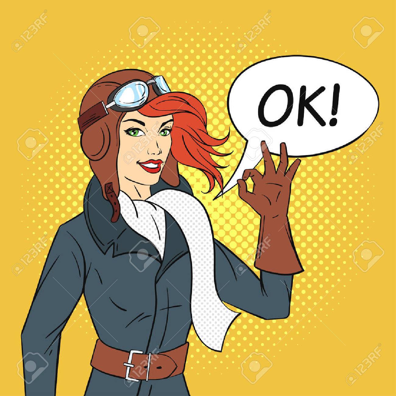 Vector hand drawn pop art style illustration of retro woman pilot with speech bubble. Illustration for print, web. - 63637374 Vector hand drawn pop art style illustration of retro woman pilot with speech bubble. Illustration for print, web. - 63637374