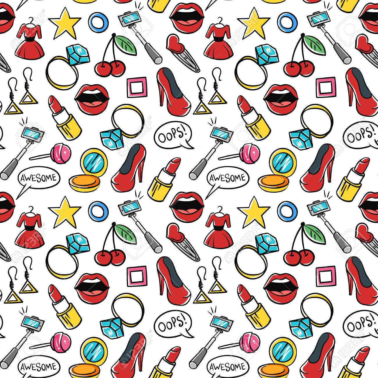 ファッショナブルなパッチのシームレスなパターンをベクトルします 現代落書きポップアート スケッチ ピンとバッジ 手描きかわいいと面白いファッション ステッカー キット 白い背景上に分離 のイラスト素材 ベクタ Image