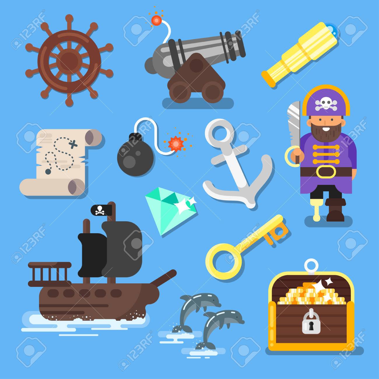 Vector flat style set of board game icon: pirate ship, treasure chest, map. Isolated on blue background. - 67056141 Vector flat style set of board game icon: pirate ship, treasure chest, map. Isolated on blue background. - 67056141