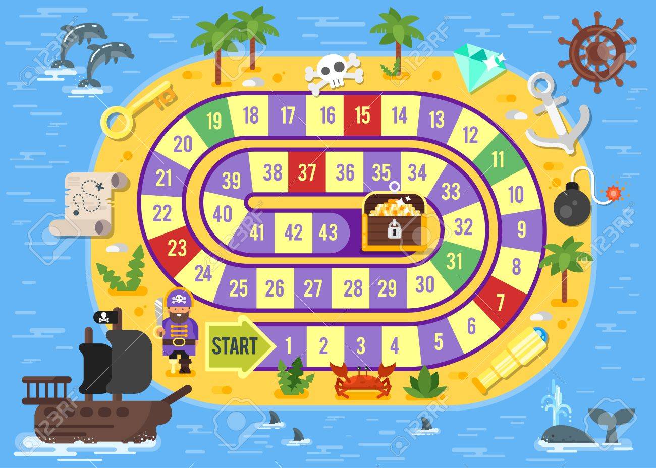 Vector flat style illustration of kids pirate board game template. For print. - 67056228 Vector flat style illustration of kids pirate board game template. For print. - 67056228