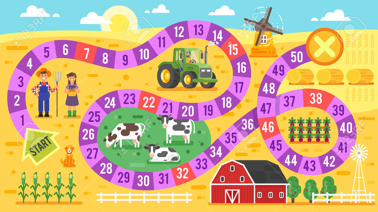 Vector flat style illustration of kids farm board game template. For print. - 67056282 Vector flat style illustration of kids farm board game template. For print. - 67056282
