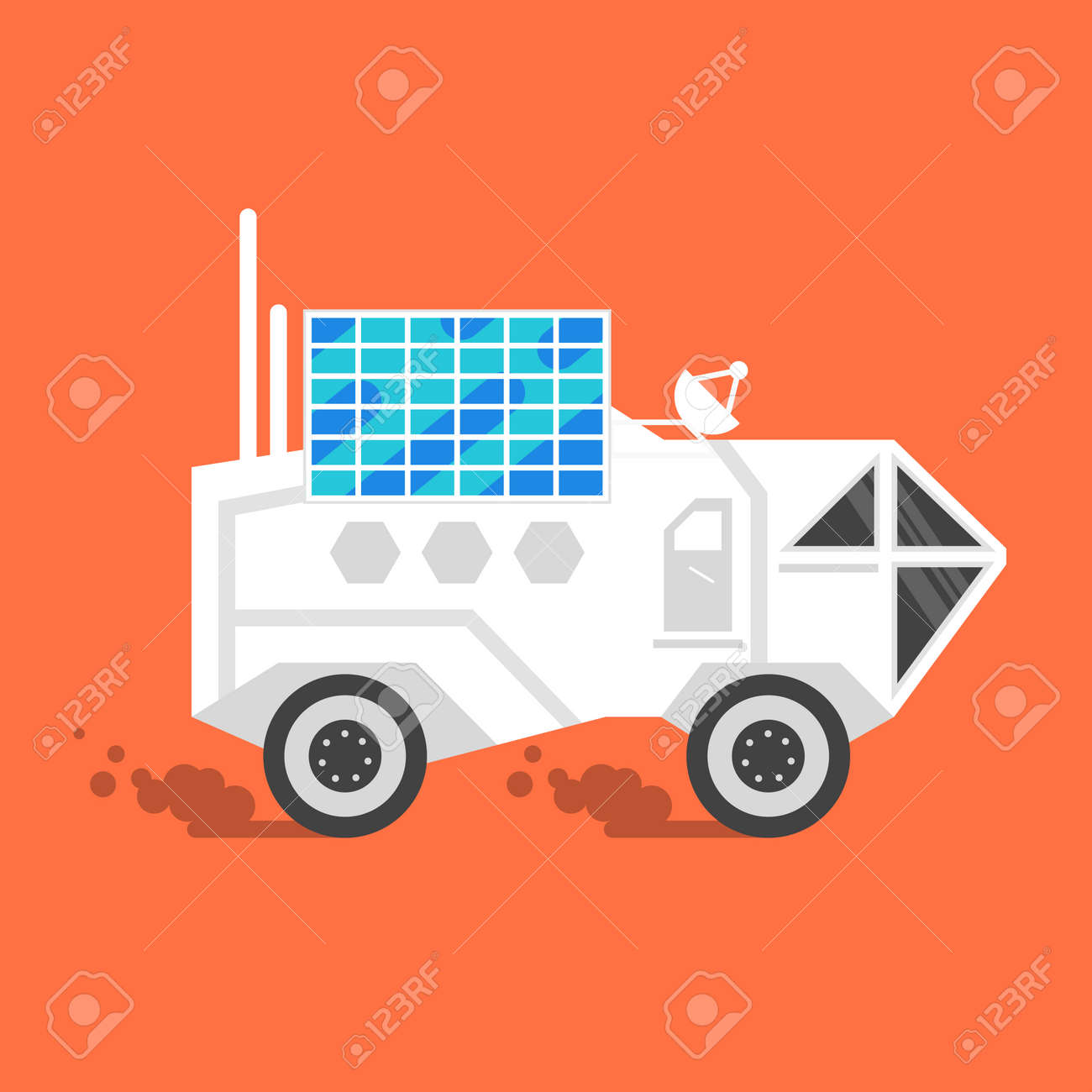 上に太陽電池パネルを持つ宇宙ローバーのベクトル フラット スタイルのイラスト オレンジ色の背景上に分離 のイラスト素材 ベクタ Image