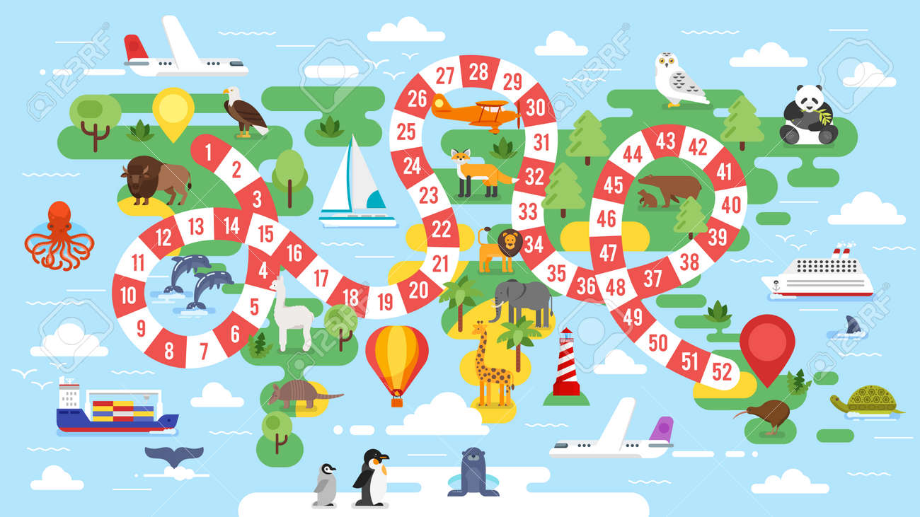 vector flat style illustration of kids world tour board game