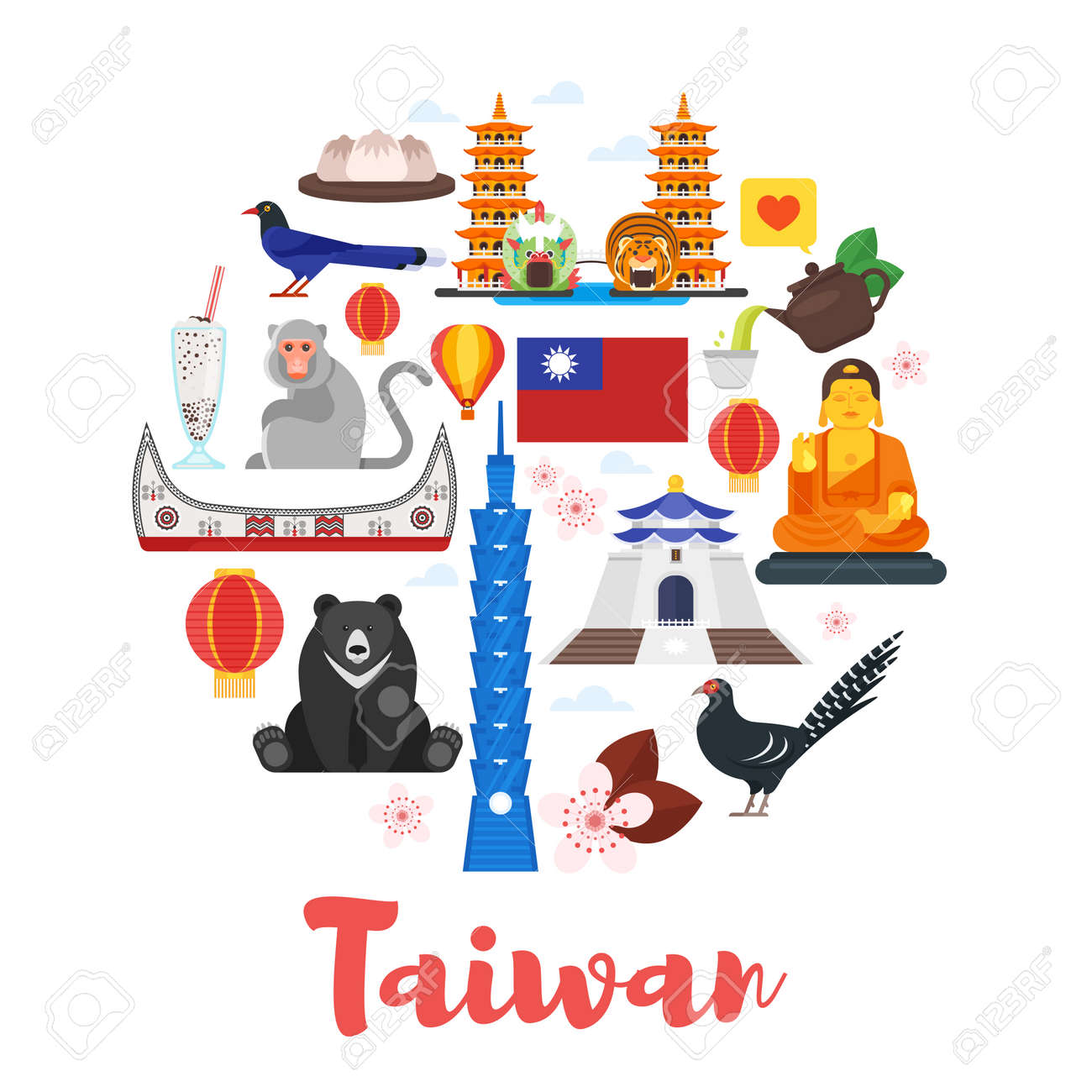 Vector flat style circle shape composition of Taiwan cultural symbols. Template for banner or poster for tourist. Isolated on white background - 83409909 Vector flat style circle shape composition of Taiwan cultural symbols. Template for banner or poster for tourist. Isolated on white background - 83409909