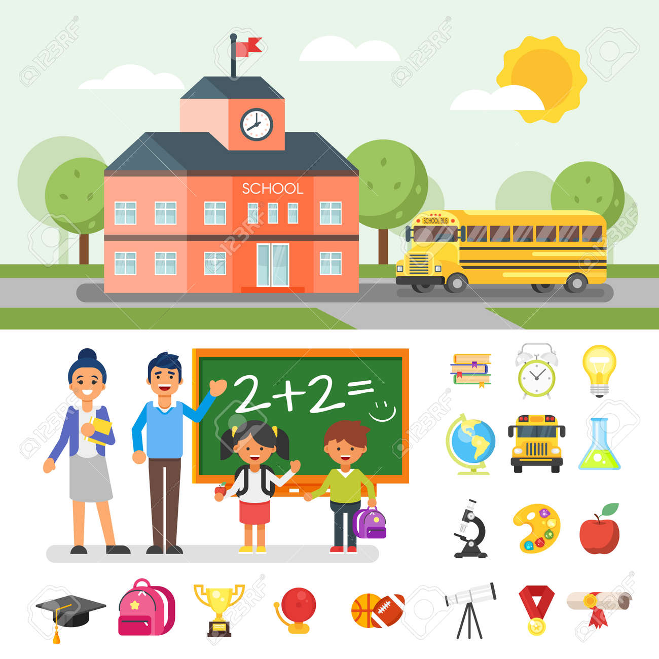 学校の建物と黄色いバスのベクトル フラット スタイル イラスト 教育関連オブジェクトと文字 のイラスト素材 ベクタ Image