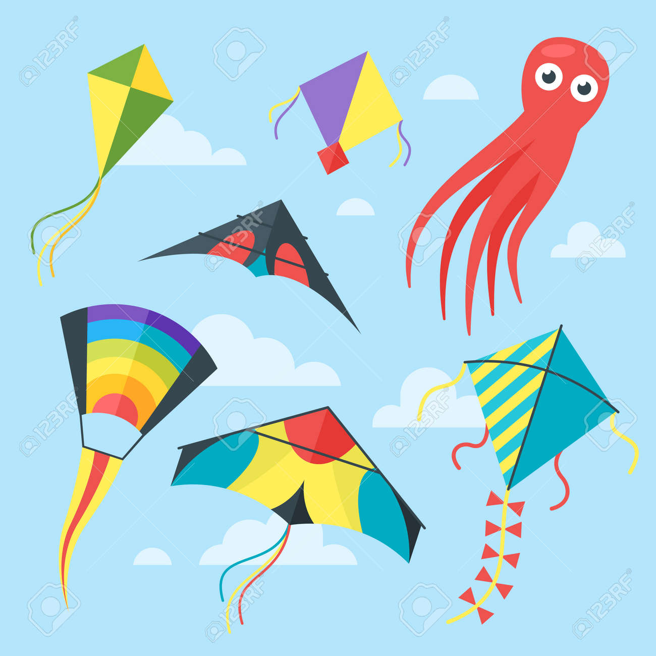 vector vlakke stijlreeks vliegers in de hemel met wolken geã¯soleerdstockfoto vector vlakke stijlreeks vliegers in de hemel met wolken geã¯soleerd op blauwe achtergrond