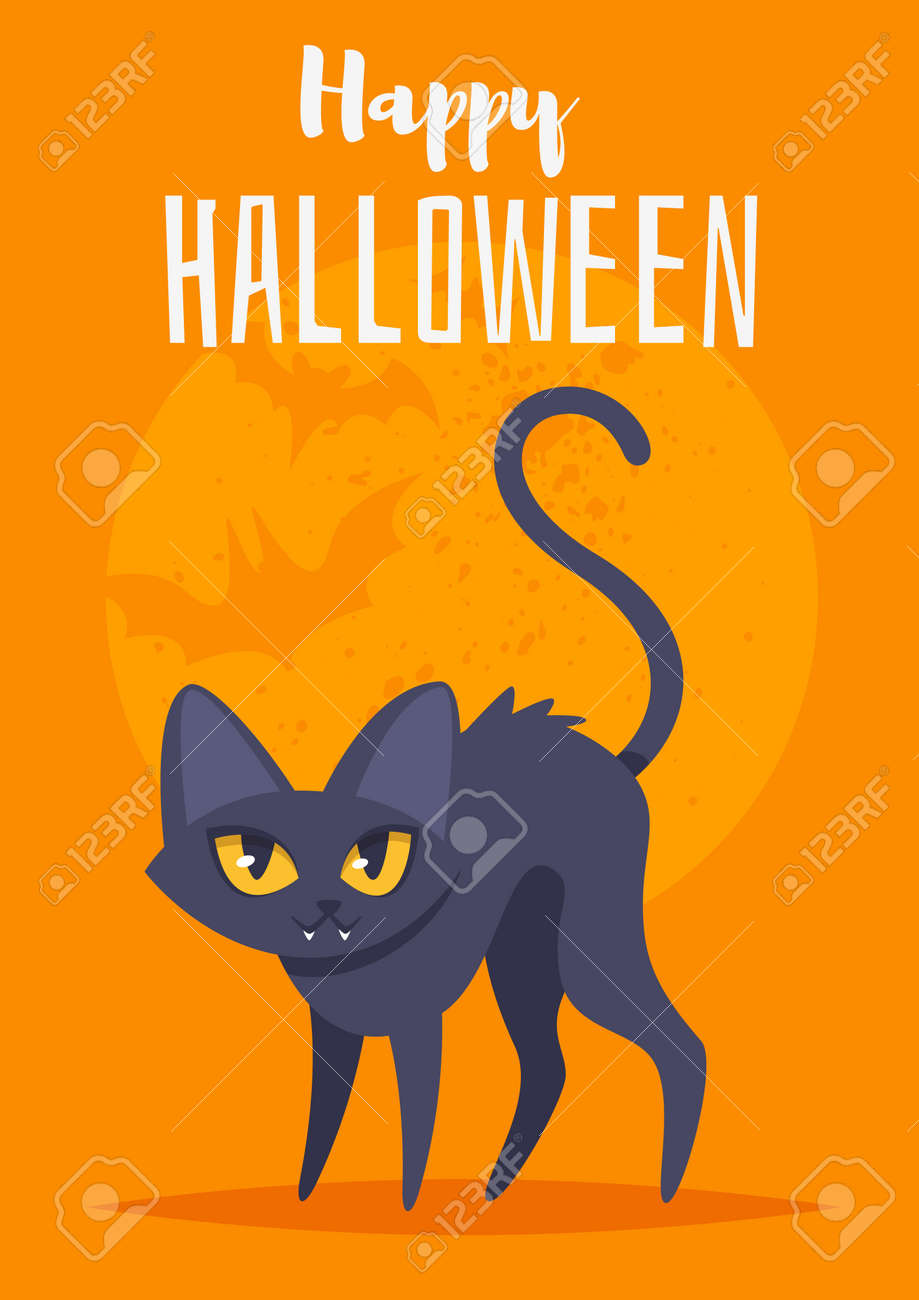 vector cartoon style halloween poster design template with holiday halloween cats template