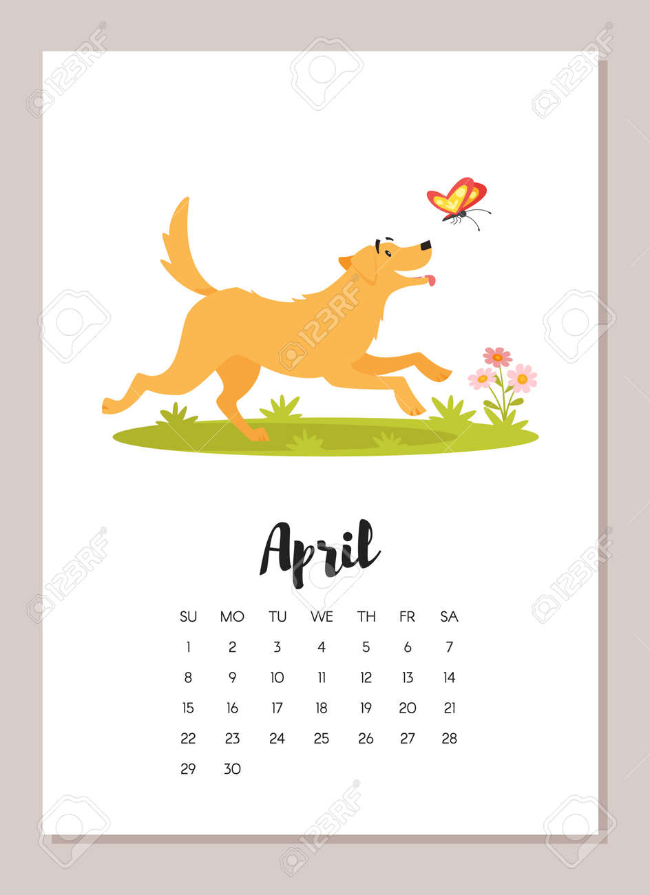 ベクトル漫画 4 月犬 18 年カレンダー ページのイラスト 白い背景上に分離 印刷用テンプレート のイラスト素材 ベクタ Image