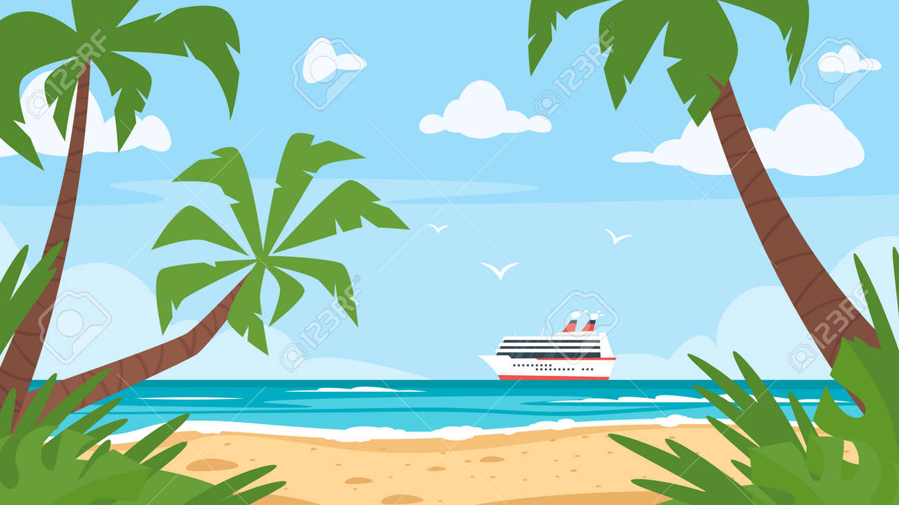遠くにヤシの木やクルーズ船と海岸のベクター漫画スタイルの背景 良い晴れた日 のイラスト素材 ベクタ Image 遠くにヤシの木やクルーズ船と海岸のベクター漫画スタイルの背景 良い晴れた日 のイラスト素材 ベクタ Image