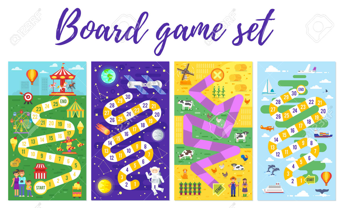 Vector flat style set of kids colorful boardgame template; amusement park, space, farm and travel theme game. For print. Vertical composition. - 96586162 Vector flat style set of kids colorful boardgame template; amusement park, space, farm and travel theme game. For print. Vertical composition. - 96586162