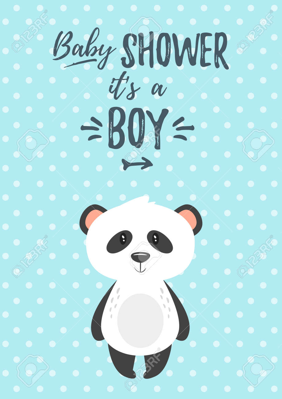 ベビーシャワー招待のベクター漫画スタイルのイラスト 男の子のお祝いグリーティングカードテンプレート 青い水玉の背景にかわいいパンダ のイラスト素材 ベクタ Image