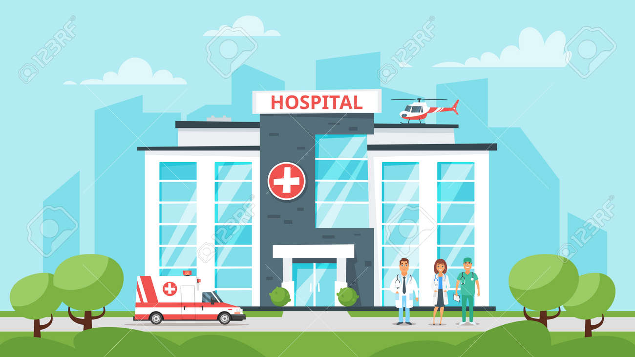 Vector Cartoon Style Illustration Of Medical Hospital Building Medical Stuff And Ambulance Car Urban Background Royalty Free Cliparts Vectors And Stock Illustration Image 104009977