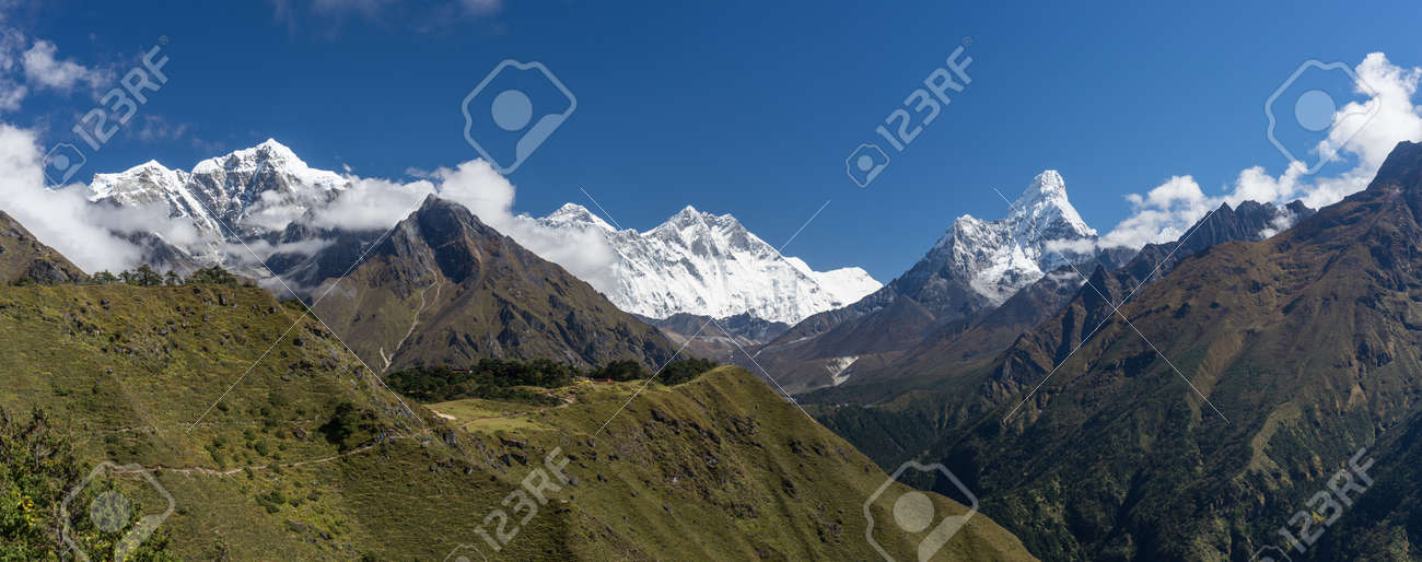 Panoramic View Of Himalayas Mountain Including Everest Lhotse Stock Photo Picture And Royalty Free Image Image 111008157