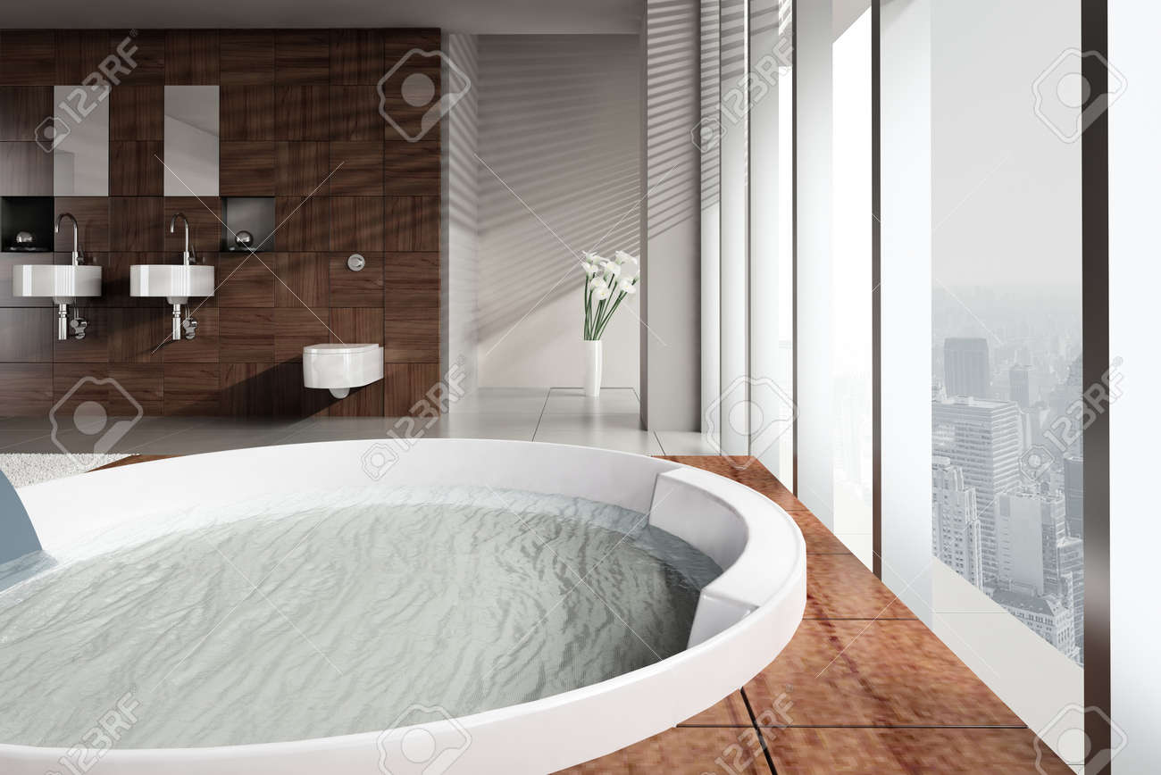 a 3d rendering di bagno moderno con doppio lavabo e vasca idromassaggio archivio fotografico 19459594