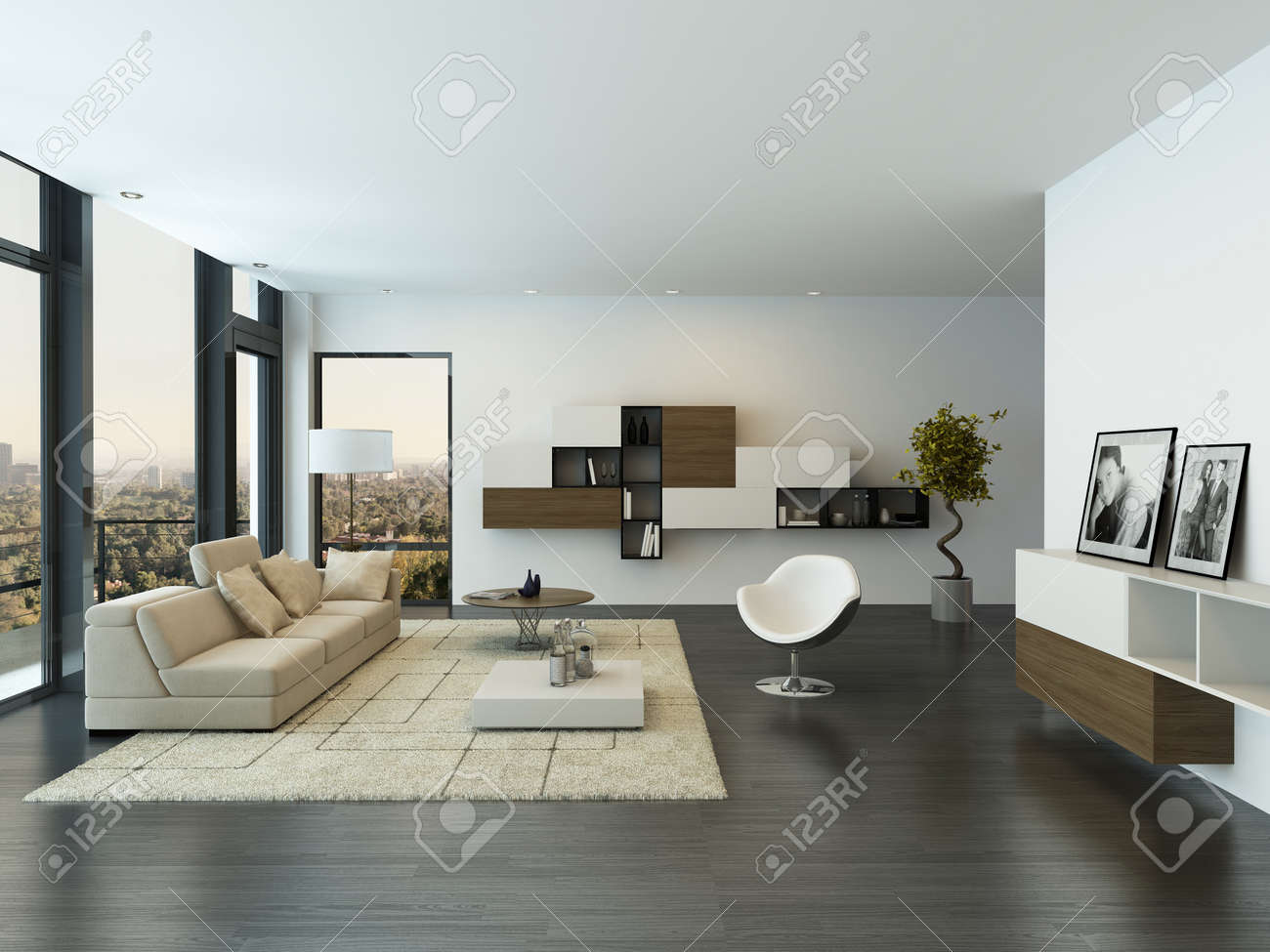 Moderne Wohnzimmer Innenraum Mit Grossen Fenster Lizenzfreie Fotos Bilder Und Stock Fotografie Image