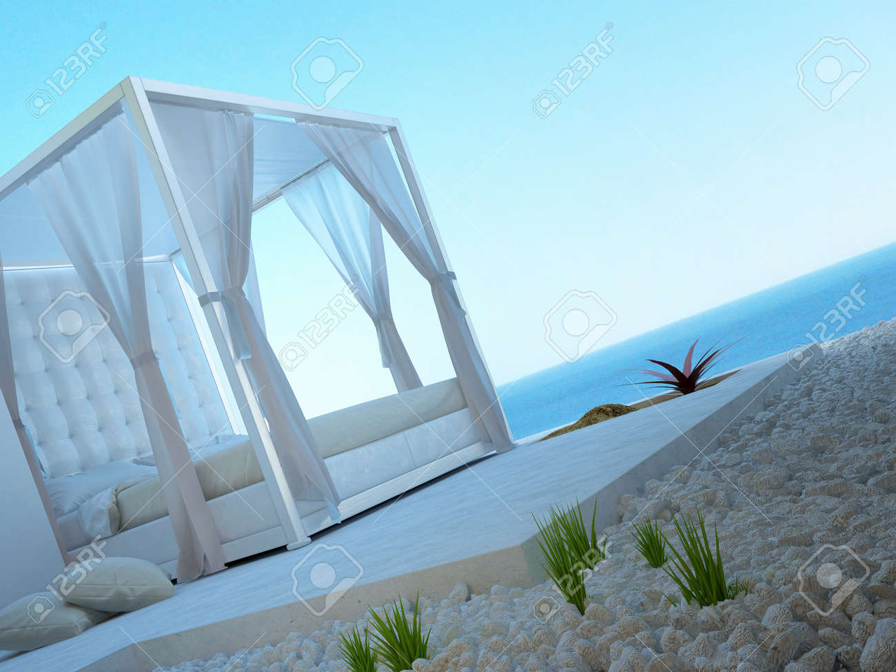 Outside Bed sunny patio with seascape view and outside bed stock photo Outside Bed sunny patio with seascape view and outside bed stock photo