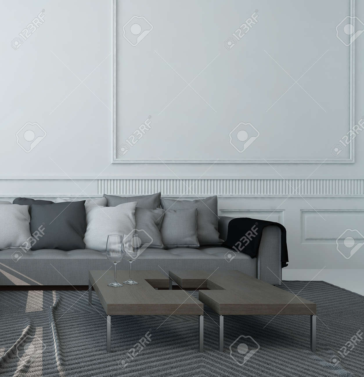 Bild Von Wohnzimmer Interieur Mit Grau Couch Gegen Die Weisse Wand Lizenzfreie Fotos Bilder Und Stock Fotografie Image 28283374