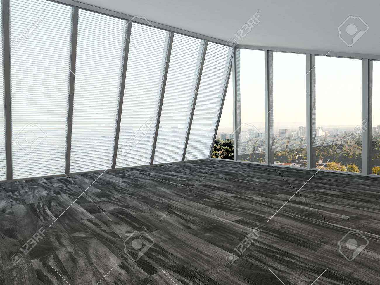 Empty modern living room interior with a floor to ceiling window along two walls with venetian