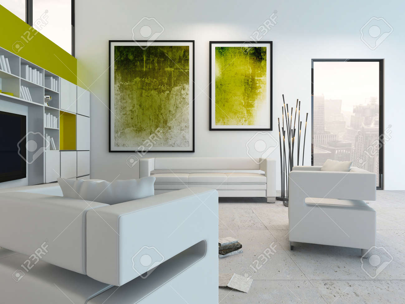 Gemälde Wohnzimmer, modernen wohnzimmer innenraum mit grünen gemälde an der wand, Design ideen