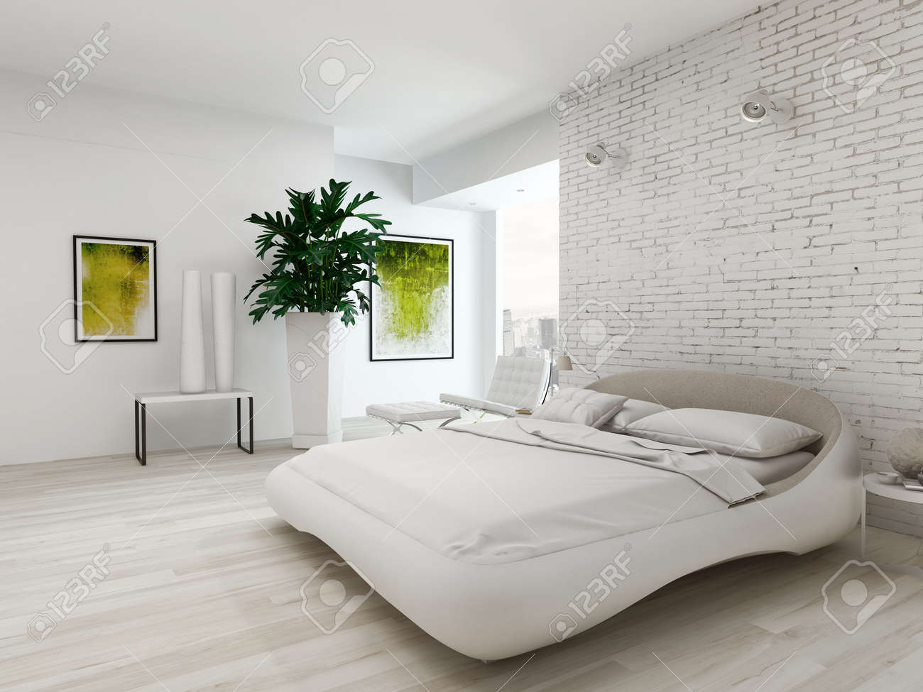 nice bedroom interior with white king-size bed in front of brick nice bedroom interior with white king-size bed in front of brick