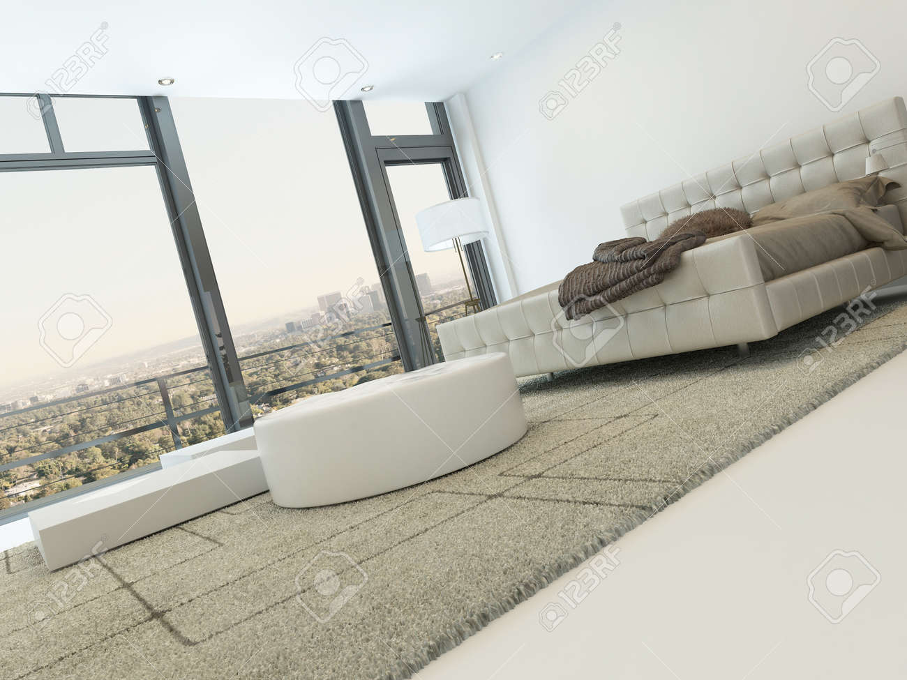 Pure White Bedroom Interior With Nice Bed And Beige Carpet