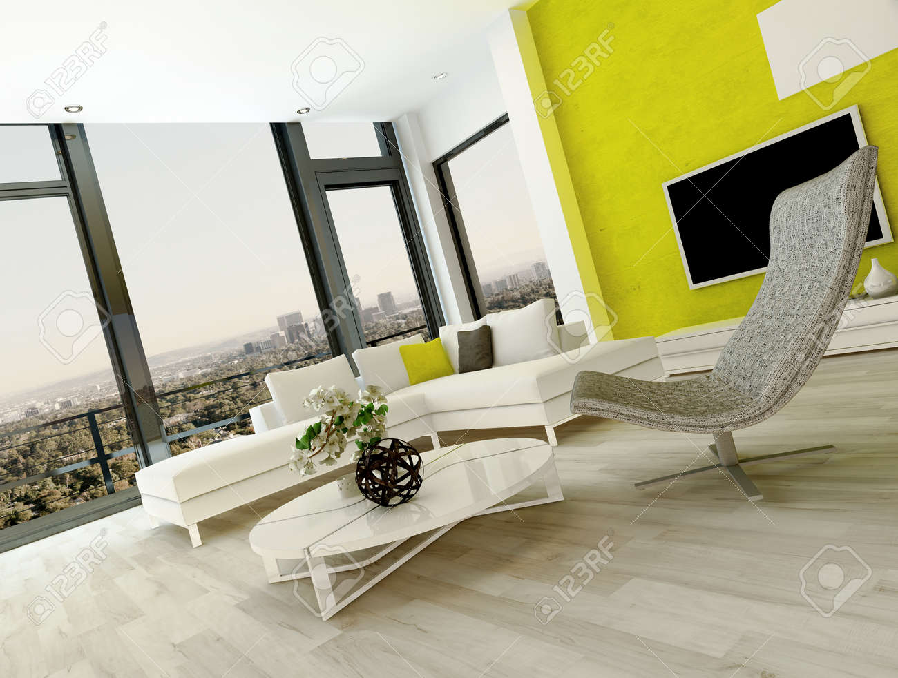 素敵な家具と豪華な緑の壁のモダンなデザインのリビング ルームのインテリア の写真素材 画像素材 Image