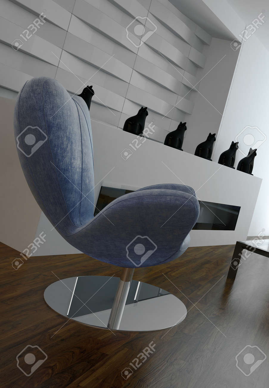 Sillon Azul Moderno Delante De La Pared De Diseno Con Armario