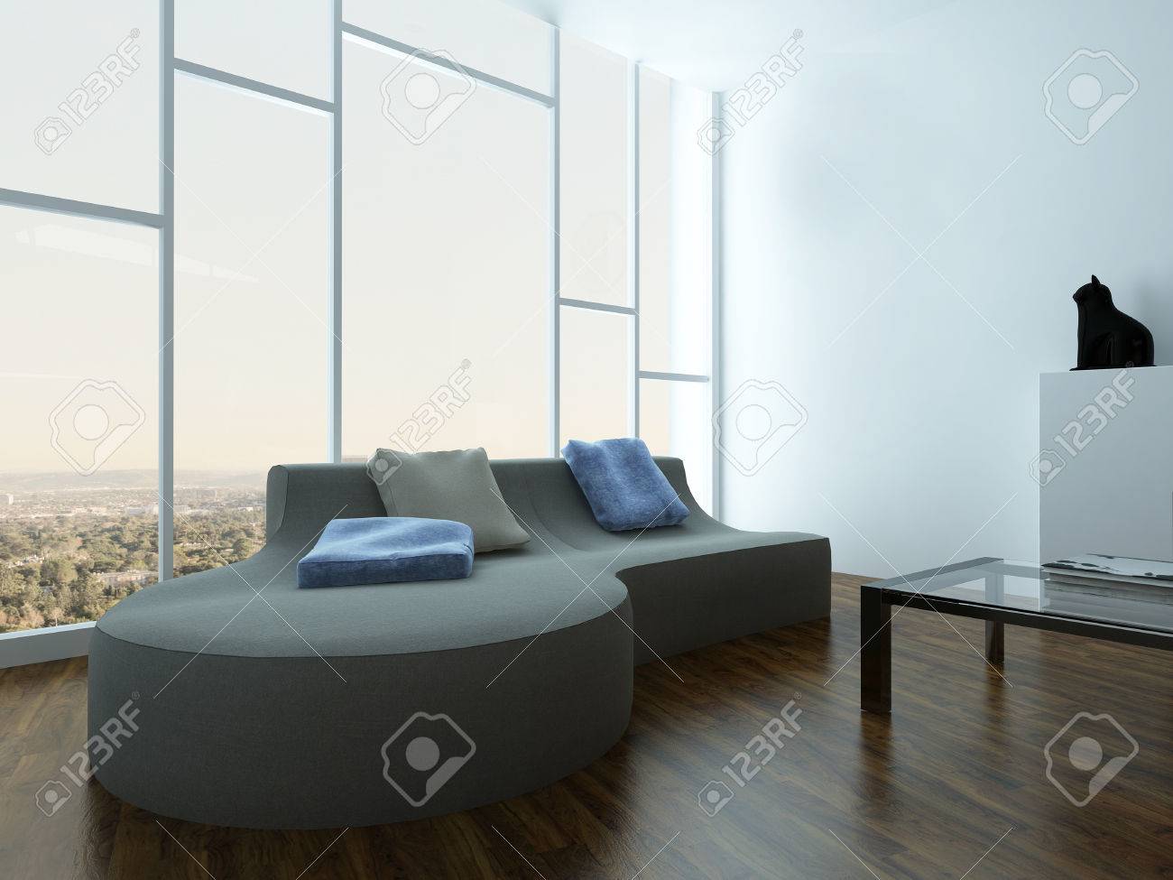 Modernen Wohnzimmer Innenraum Mit Grauen Couch Und Grosse Fenster