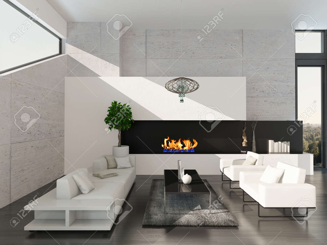 Nizza Modernen Wohnzimmer Innenraum Mit Couch, Sesseln Und Kamin ... Moderne Wohnzimmer Mit Kaminofen