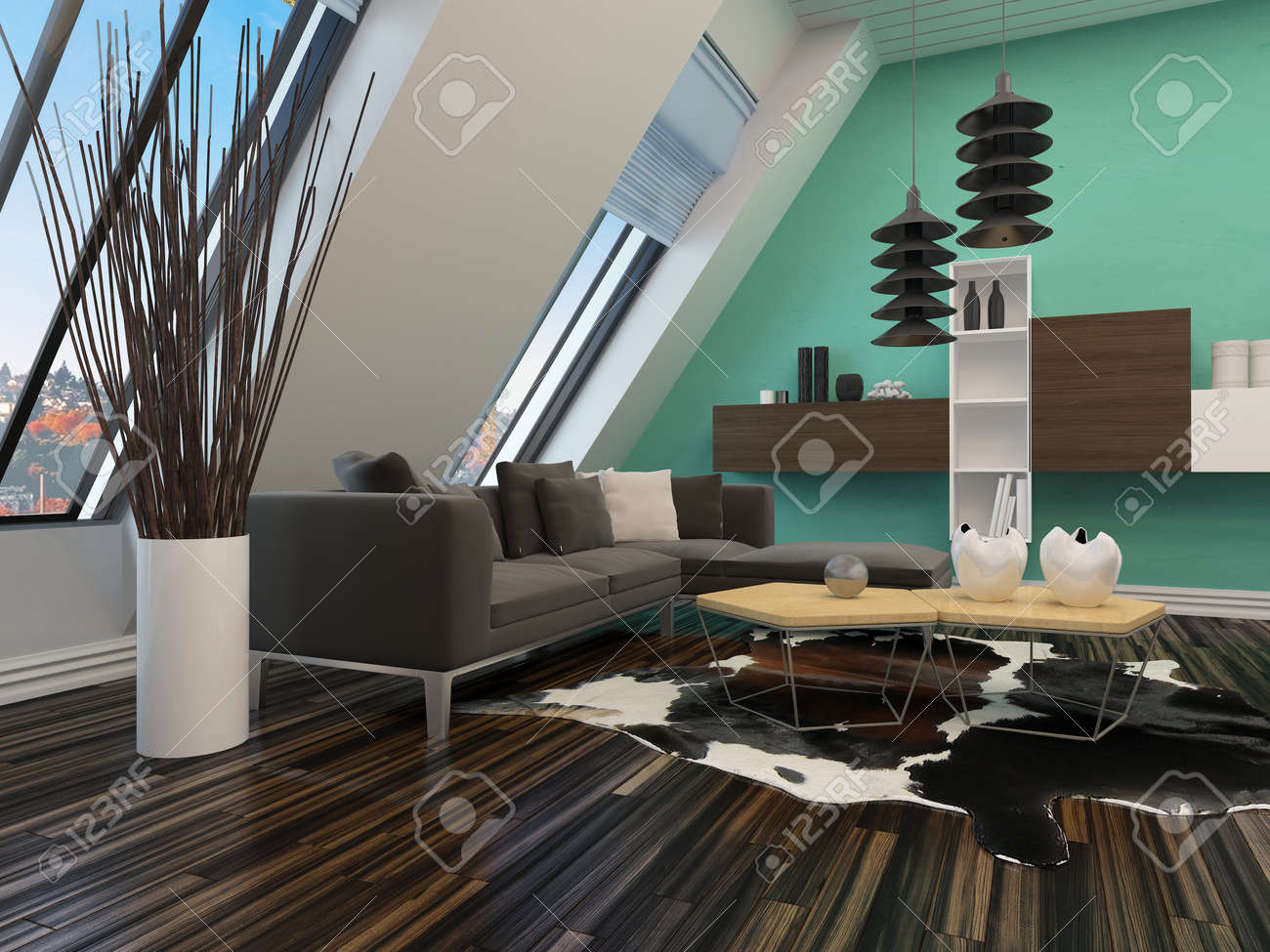 Moderna Sala De Estar Decoracion Interior Con Una Pared Inclinada